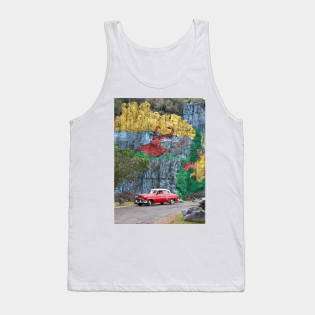 Vintage cars in front of the Mural de la Prehistoria in Cuba Tank Top by Offiinhoki